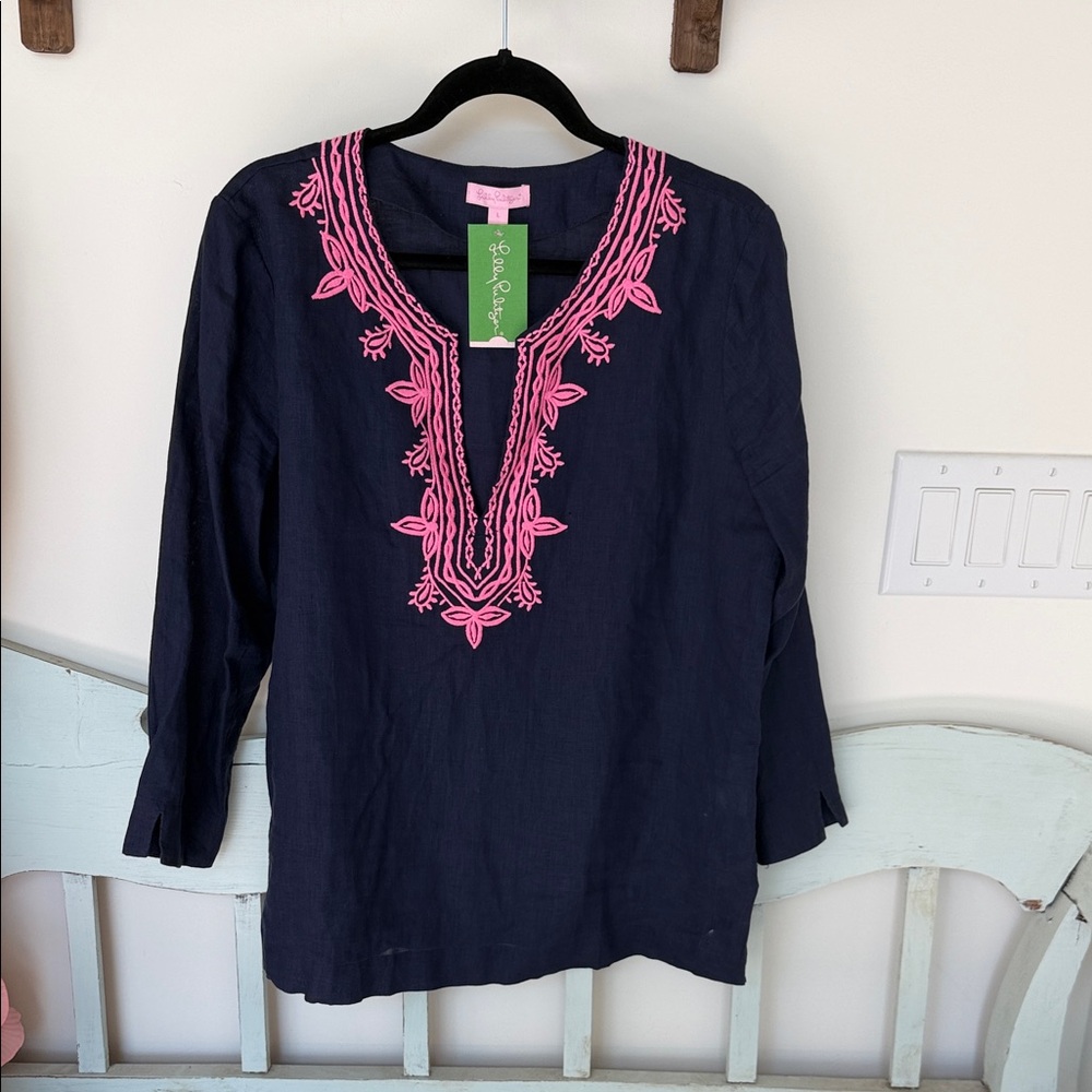 Lilly Pulitzer Navy Tunic with Pink Embroidered V-Neck Detail